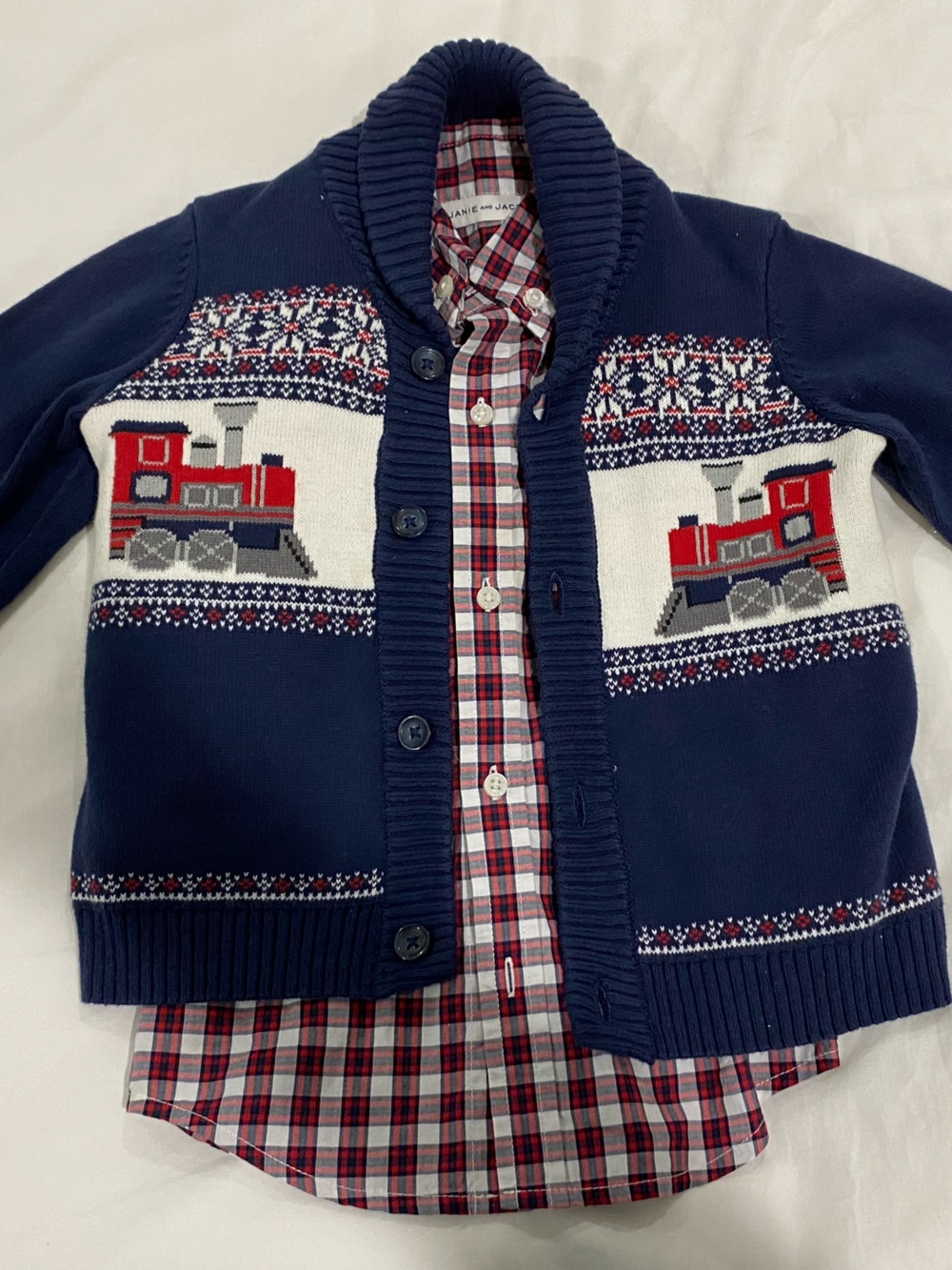 Janie and Jack Train Shawl-Collar Cardigan with matching Dress Plaid Dress Shirt